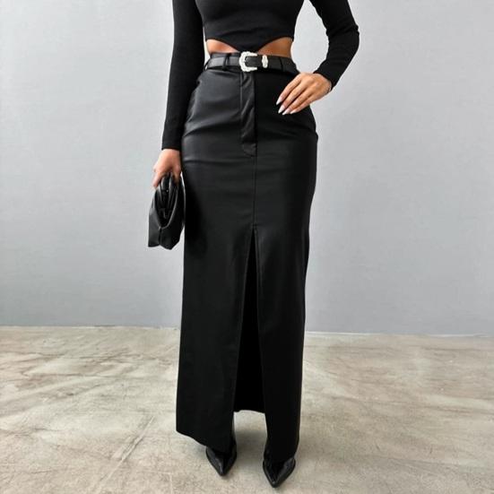 Faux Leather Maxi Skirt Solid Color High Waist Slit Hem Maxi Skirt Windproof Velvet Lining Straight Fit Long Skirt