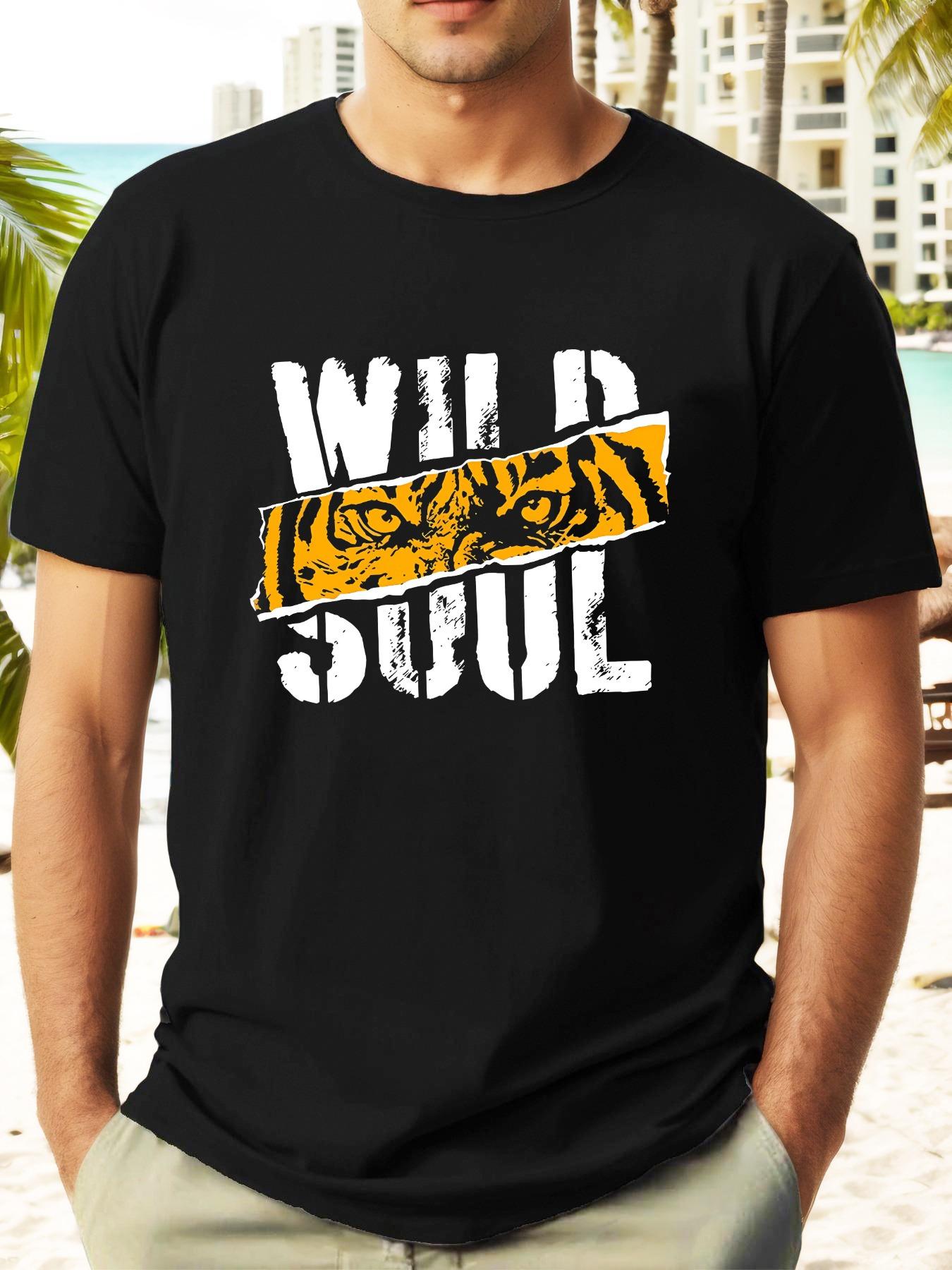 

Wild Soul Tiger Graphic Summer T-shirt - Navy Blue Casual Short Sleeve Tee with Bold Lettering & Animal Print XXXL