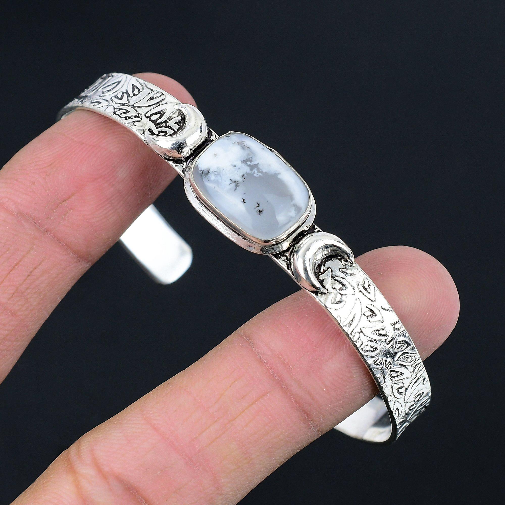 

Sisters Day Sale Dendrite Opal Gemstone Crescent Moon Bangle Jewelry 925 Silver Adjustable