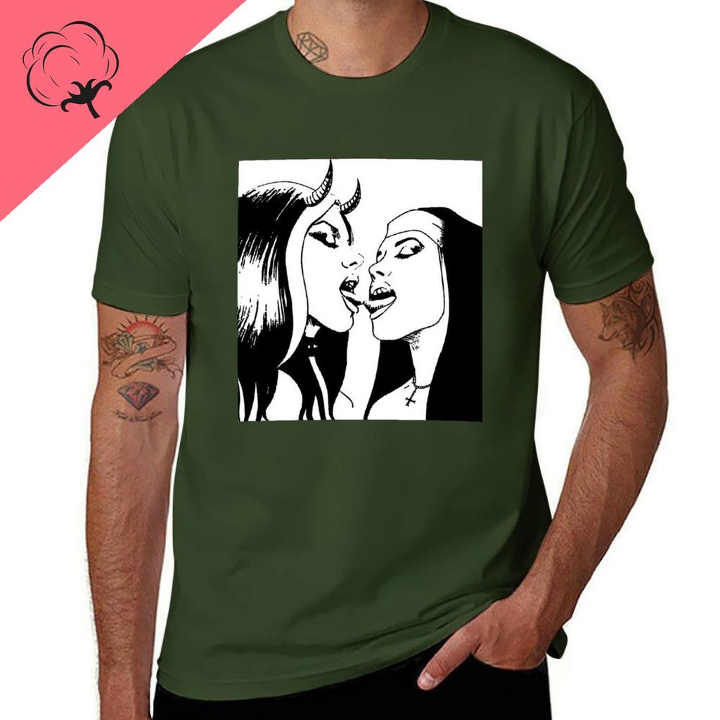 Sexy Bad Nun Lesbian Kiss Nun Bondage Satanic BDSM Cotton TShirt Funny Customs Harajuku Shortsleev Graphic Printed Tshirt