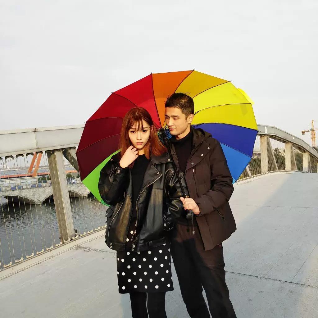 24-Rib Waterproof Umbrella with Curved Handle, Straight Pole, Impact-Resistant Fabric, Safety Umbrella, Automatic Promotional Umbrella, Rainbow