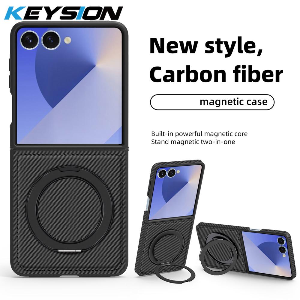 

KEYSION Carbon Fiber Texture Case for MagSafe for Samsung Galaxy Z Flip 7 FE 6 5 4 3 5G 360° Rotating Magnetic Ring Phone Cover for Galaxy Z Flip 7 чорний
