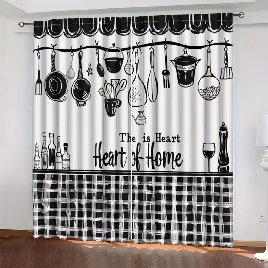2 PCS Black White Kitchen Curtains, Practical Style Window Drapes for Living Room Bedroom Home Decor Polyester Rod Pocket