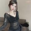 Sheer V-Neck Long-Sleeve Top: Mesh Design, Slim Fit, Chic Spring/Autumn Women's Outerwear.
