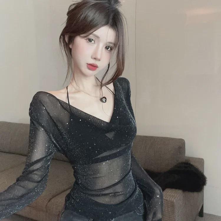 Sheer V-Neck Long-Sleeve Top: Mesh Design, Slim Fit, Chic Spring/Autumn Women's Outerwear.