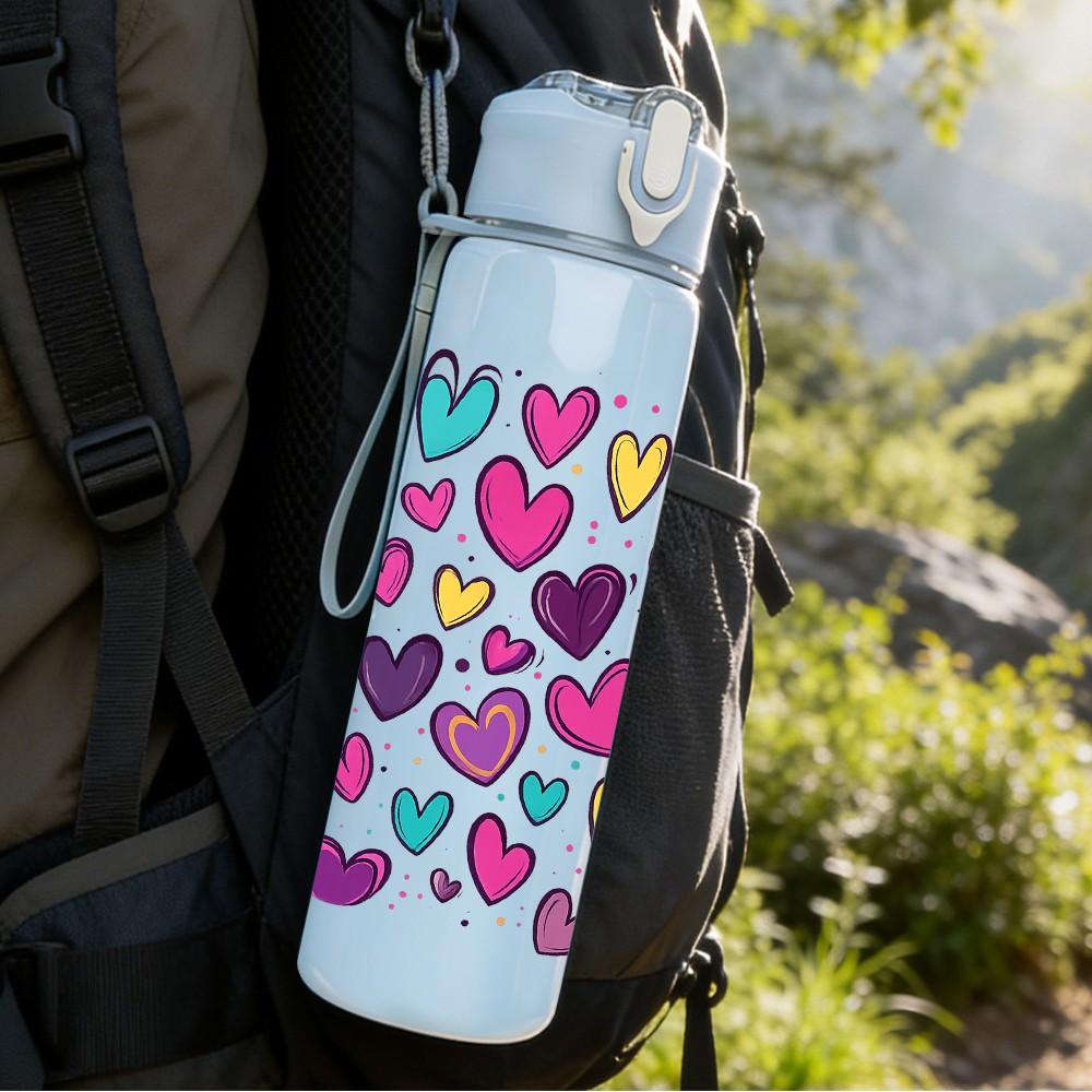 1PC Purple Pink Heart Confetti Pattern 750ml Color Plastic Sports Water Bottle Leakproof Flip Straw Lid Suitable for Sports Office Home Use
