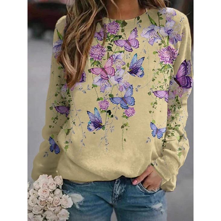Neuer Herbst- und Winter Damen Floral Schmetterling Tierdruck Rundhals Kurz Langarm Hoodie