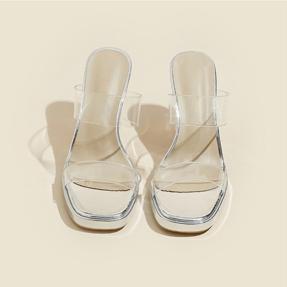 Fashion Transparent High-heeled Slippers Women Summer Waterproof Table Straight Strap Slippers Crystal Heel Thick Heel Sandals for Women