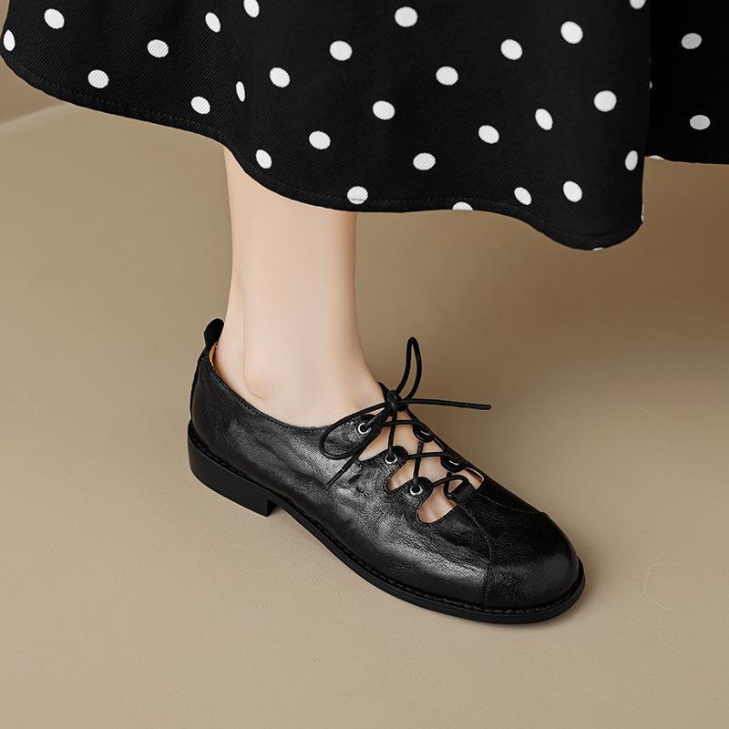 

Ретро туфли на низком каблуке из маленькой кожи женские 205 новая весна-осень круглый носок глубокий вырез шнуровка одинарные туфли универсальные 40