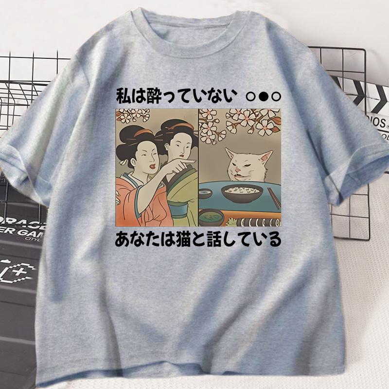 Japanese Style Cartoon Cat T-Shirts Summer Harajuku Kawaii Cat Printed Short Sleeve Tees Harajuku Y2K Tops Vintage Streetwear