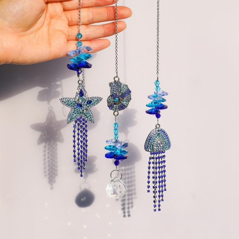 Ocean Theme Suncatchers with Conch Jellyfish Rhinestones Crystal Windchime for Garden Patios or Indoor Window Decors