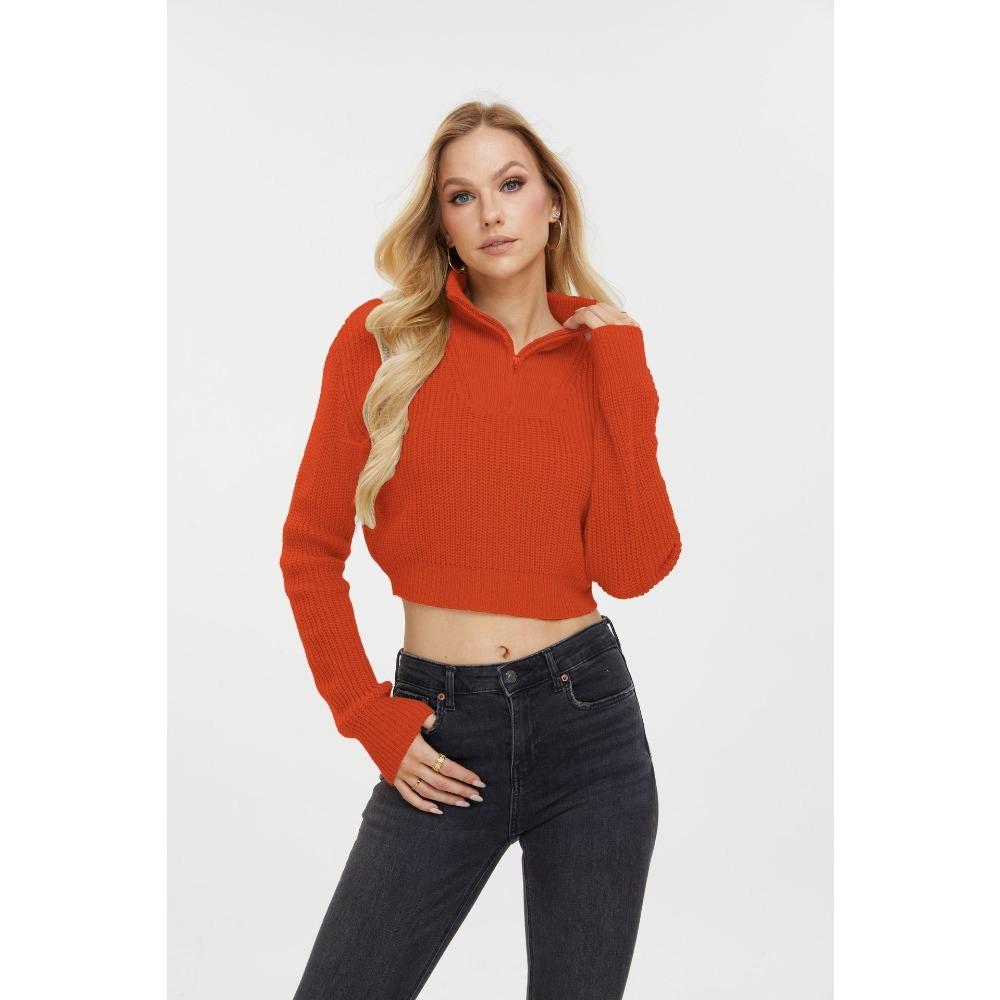 

Однотонный свитер на молнии для женщин на осень и зиму, облегающий пуловер с V-образным вырезом и длинными рукавами XL оранжево-красный