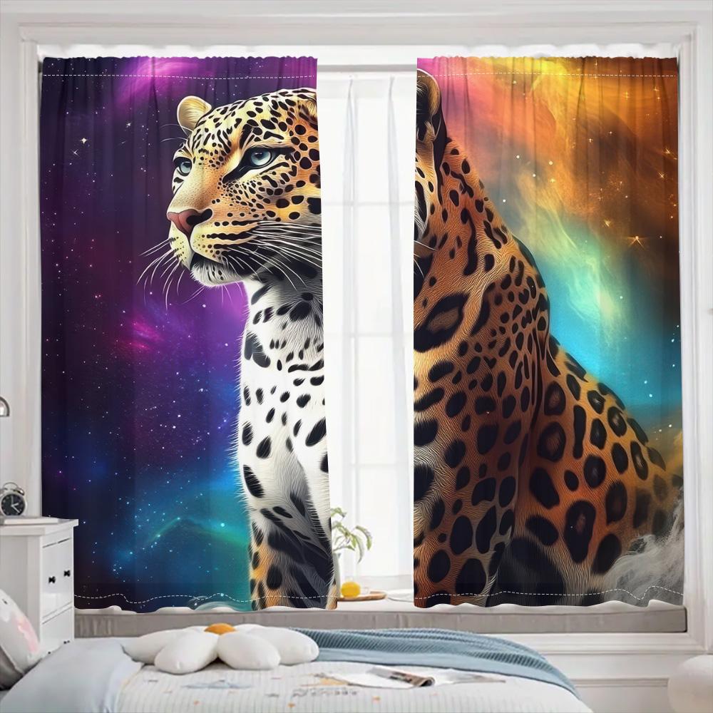 Forest Leopard And Starry Sky Background Curtain, Beautiful, Dreamlike Color, A Set Of Two, Home Bedroom Living Room Curtain.