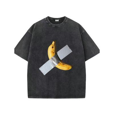 T-shirt Graphique en Coton Lavé Vintage pour Homme - Manches Courtes Col Rond Noir avec Design Unique de Banane et Ruban Adhésif