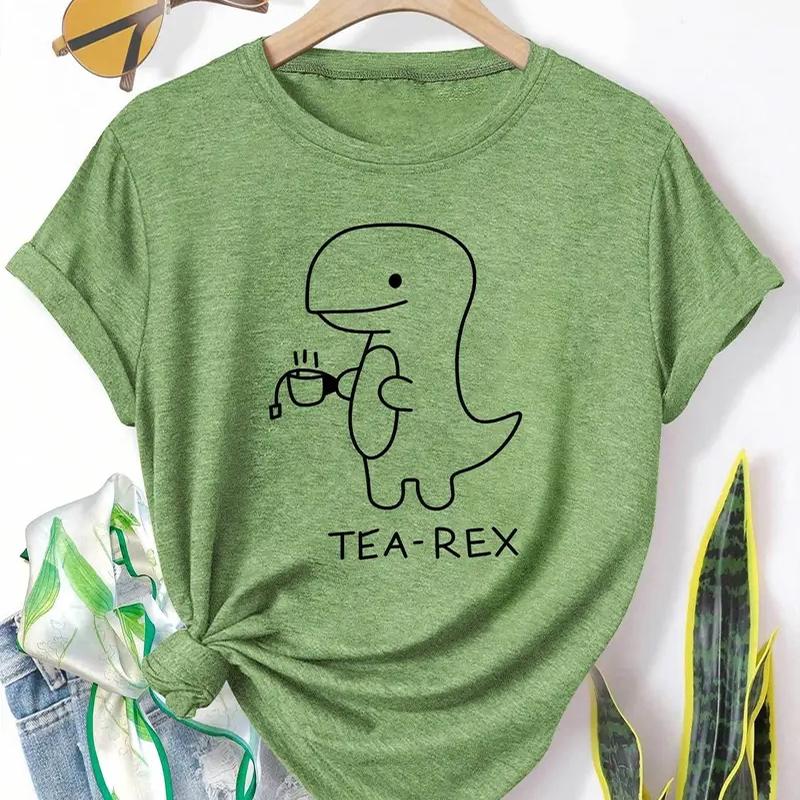 Women Summer T Shirt Retro Fashion Short Sleeve Tees Casual Dinosaur Printed  Tops