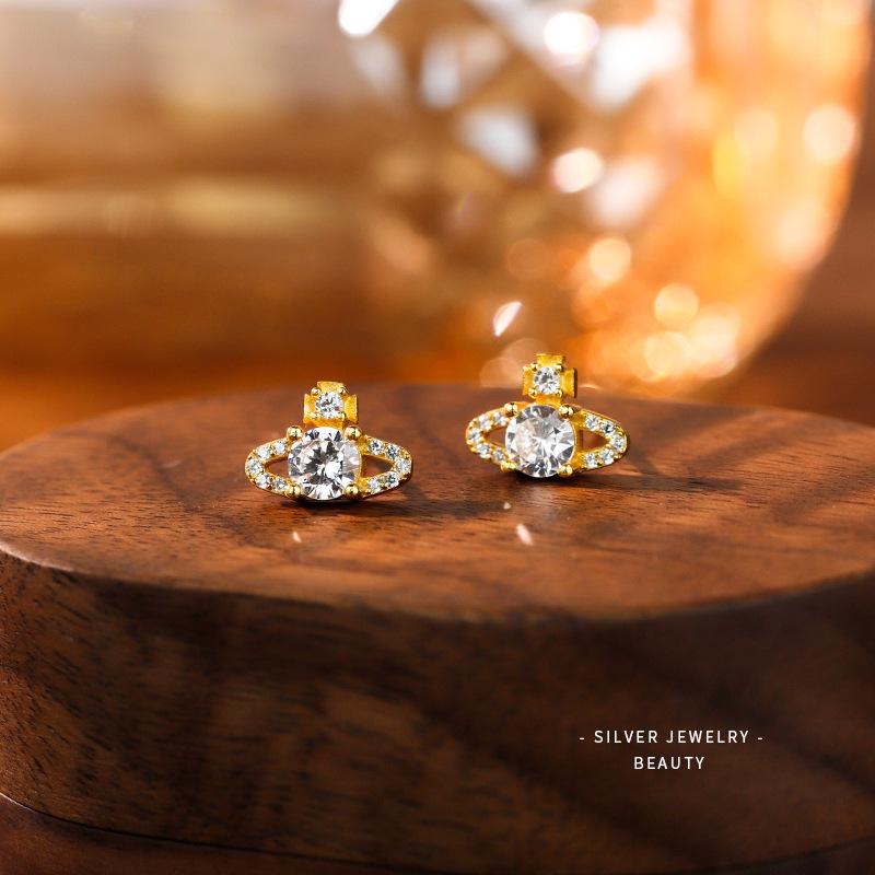 Ohrstecker Saturn aus S925 Sterlingsilber im koreanischen Stil für Damen - Mit Diamanten besetzt, super glänzend, kleines leicht luxuriöses Zirkon-Design