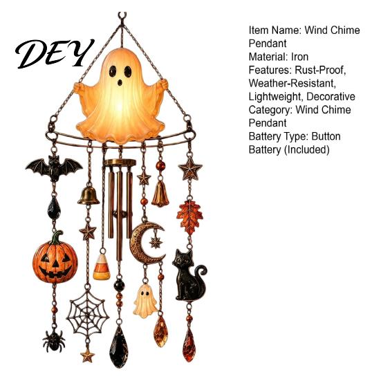 Halloween Hanging Decorations Luminous Ghost Wind Chime, Glow-in-The-Dark Ornament with Pumpkin Bat Chime Spider Charms, Rustproof Metal Outdoor Porch