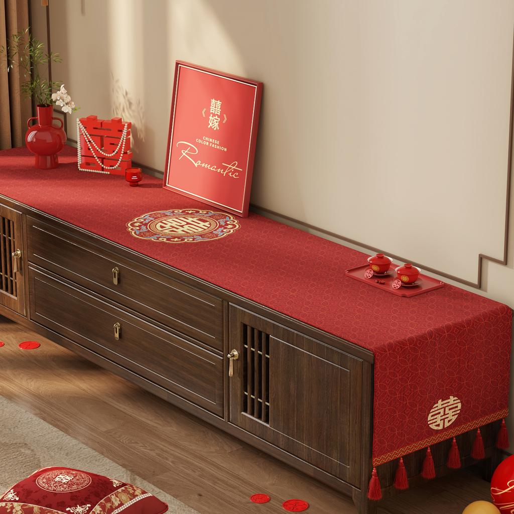 Wedding Tv Cabinet Tablecloth Light Luxury High-End Red Side Cabinet Long Strip Cover Festive Coffee Table Decorative Cloth