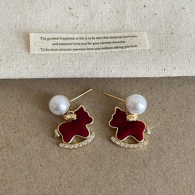 Real Gold Plated Statement Drop Earrings For Women Kawaii Red Plush Velvet Simulated Pearl Cartoon Horse Holiday Jewelry