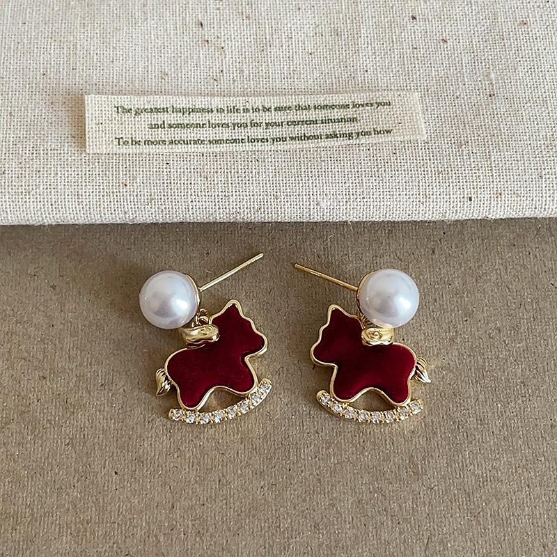 

Real Gold Plated Statement Drop Earrings For Women Kawaii Red Plush Velvet Simulated Pearl Cartoon Horse Holiday Jewelry
