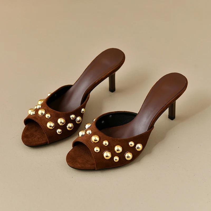 Summer New High-heeled Sandals Women's Temperament Round Head Shallow Rivet Thin Heel Versatile Outward Wear Flip-flops