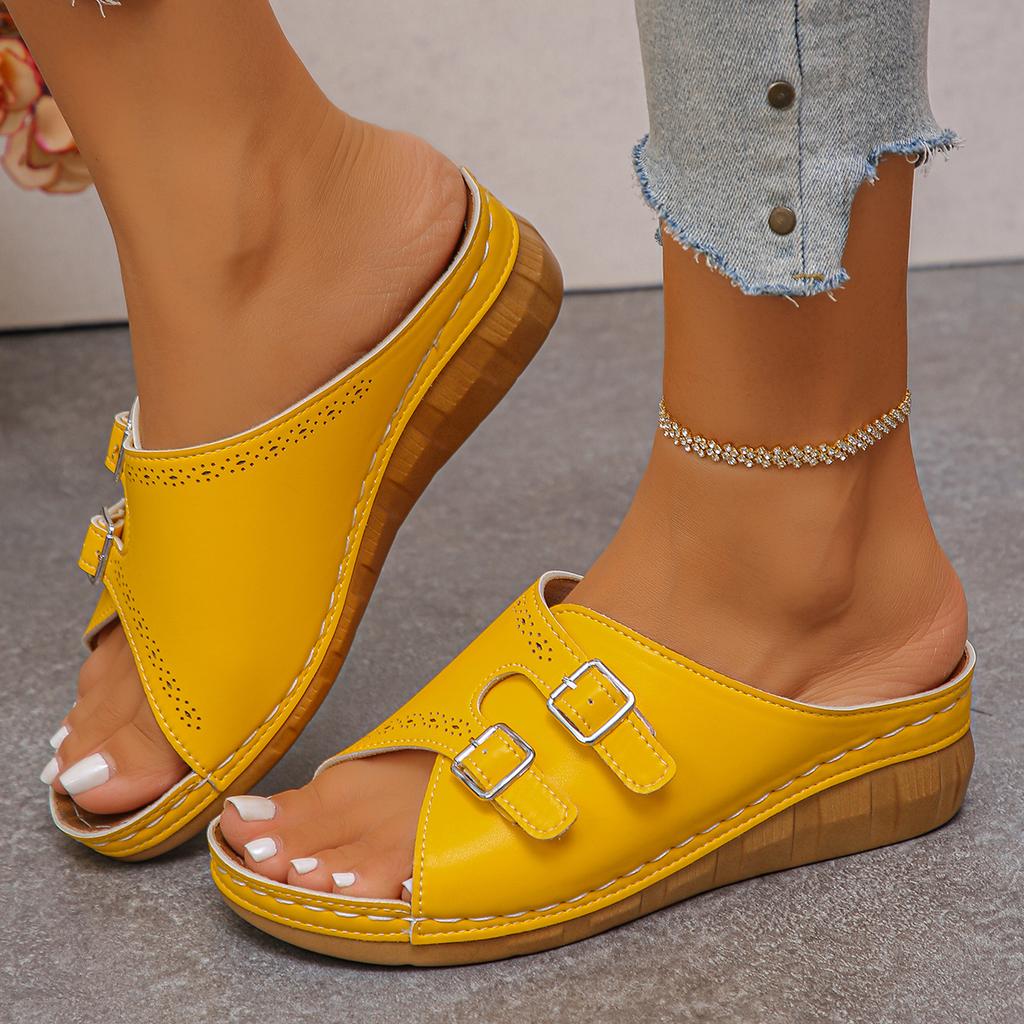 Double Button Wedge Sandals With Hollowed Out Breathable Straight Drag And Soft Bottom Anti Slip Outer Women's Slippers