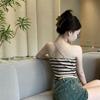 Black Striped Knitted Camisole Tank Top Women's Spring Summer Inner Wear Hot Girl Sexy Backless Outerwear Short Base Layer Top