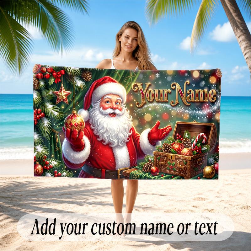 Christmas Theme Quick Dry Beach Towel Custom Name Text Print Large Sand Resistant Towel Beach Vacation