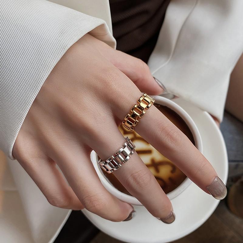 Adjustable Open Ring Women Men Vintage Watch Band Chain Punk Style Geometric Copper Plated Jewelry