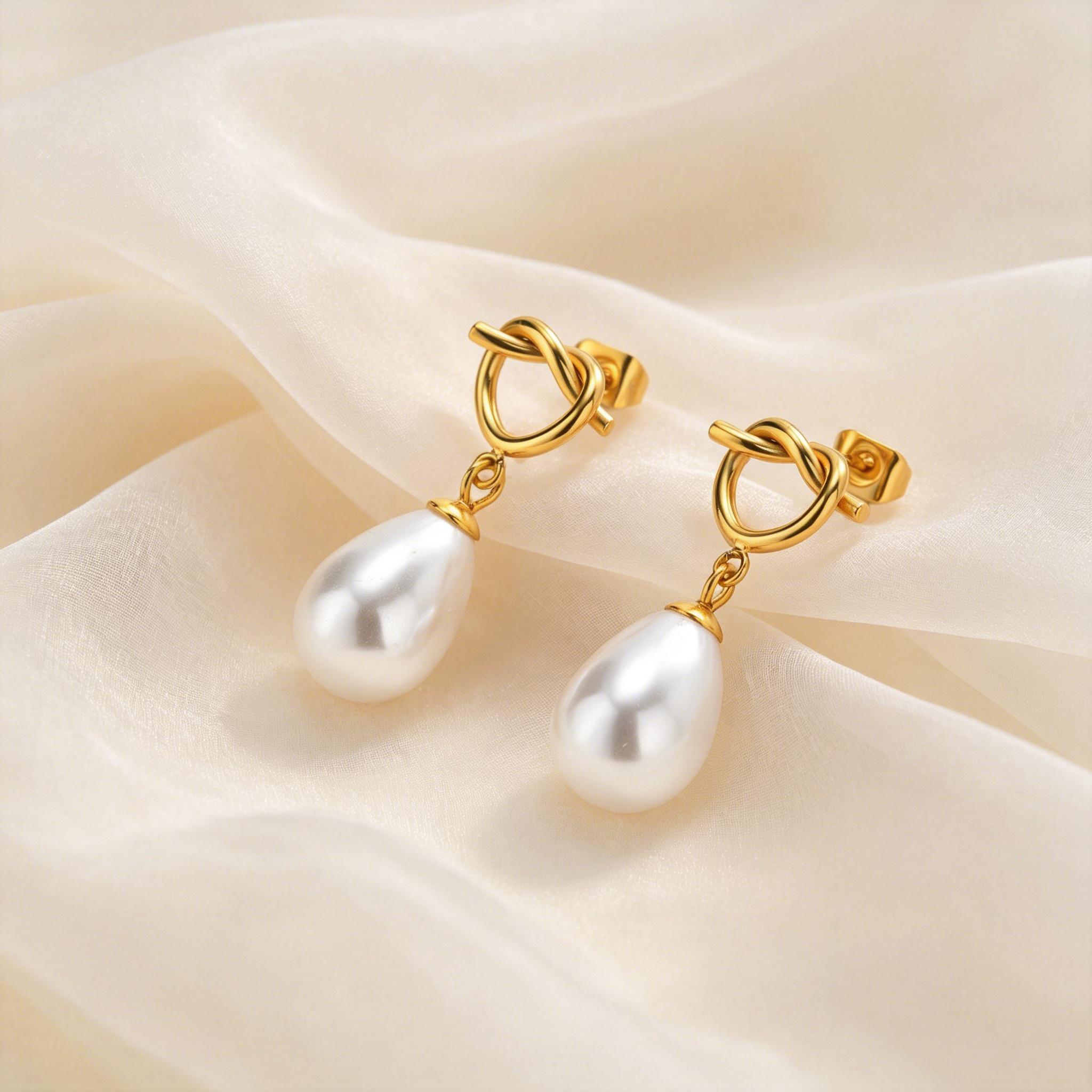 Heart-shaped Knot Water Drop Imitation Pearl Dangle Earrings for Women, Hypoallergenic Stainless Steel Elegant Charm Jewelry
