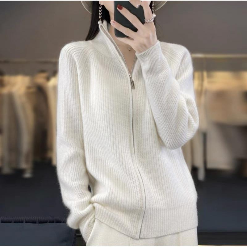 Spring Autumn and Winter Cardigan Women's Stand-up Collar Zipper Cardigan Thickened Cardigan Jacket Knit Sweater with Lazy Style