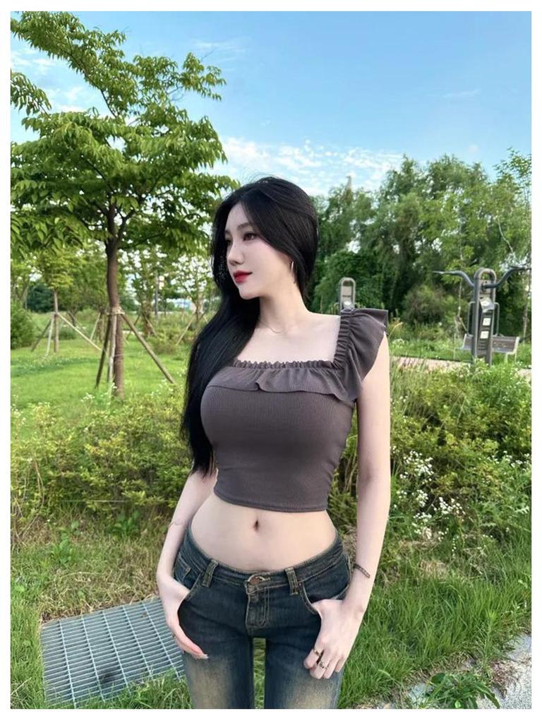 Korean Dongdaemun Off-Shoulder Ruffle Crop Top: Slimming, Sexy, Pure Desire Style for Women