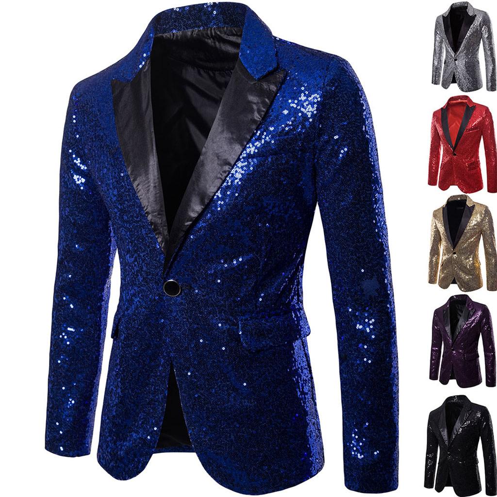Charm Men's Casual One Button  Fit Suit  Coat Jacket Sequin Party Top