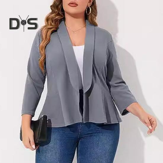 Plus Size Women Suit Coat Lapel Long Sleeve Ruffle Hem Open Front Suit Jacket Solid Color Versatile Business Outerwear