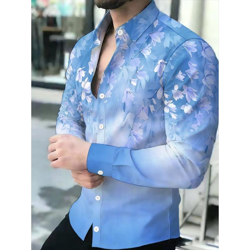 Men's blue floral pattern long-sleeved shirt fashionable casual business men's shirt spring and summer new printed shirt