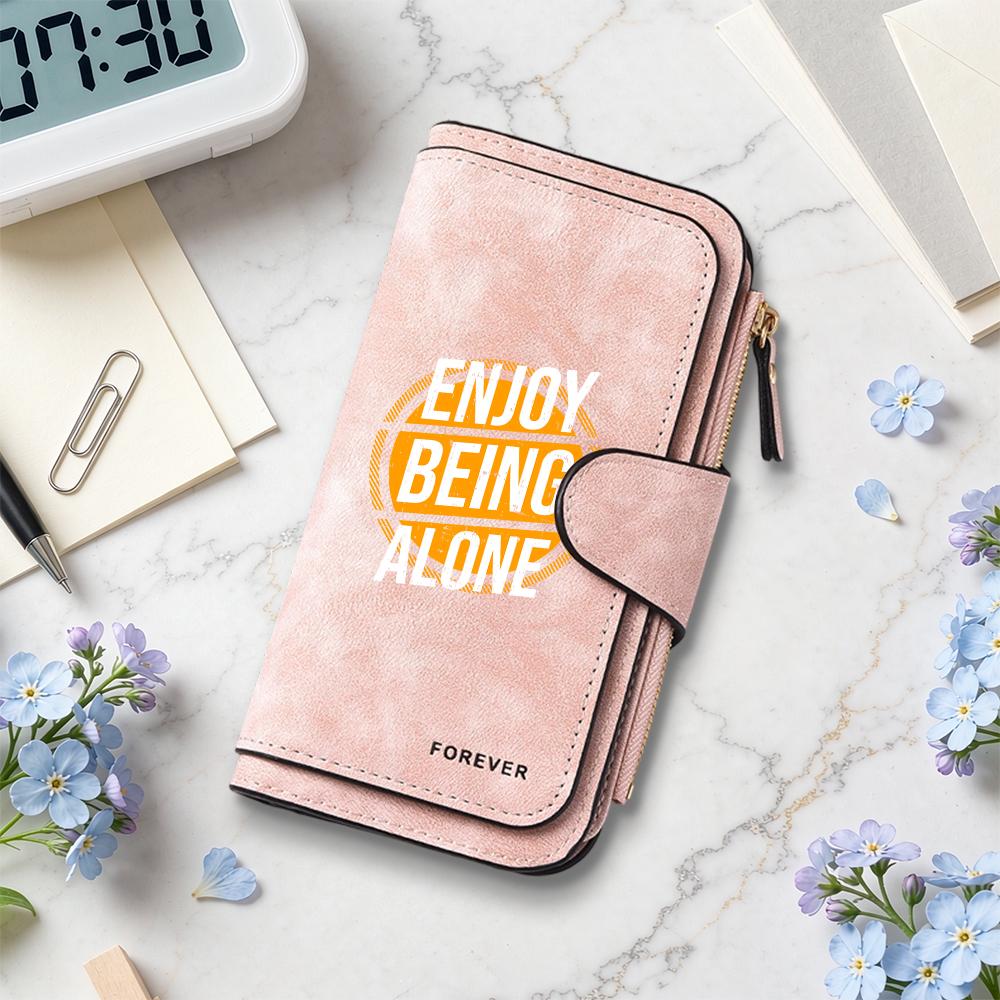 Fashion Long Wallet Enjoy Being Alone Print PU Leather Card Holder Portable Casual Zipper Purse for Daily Use