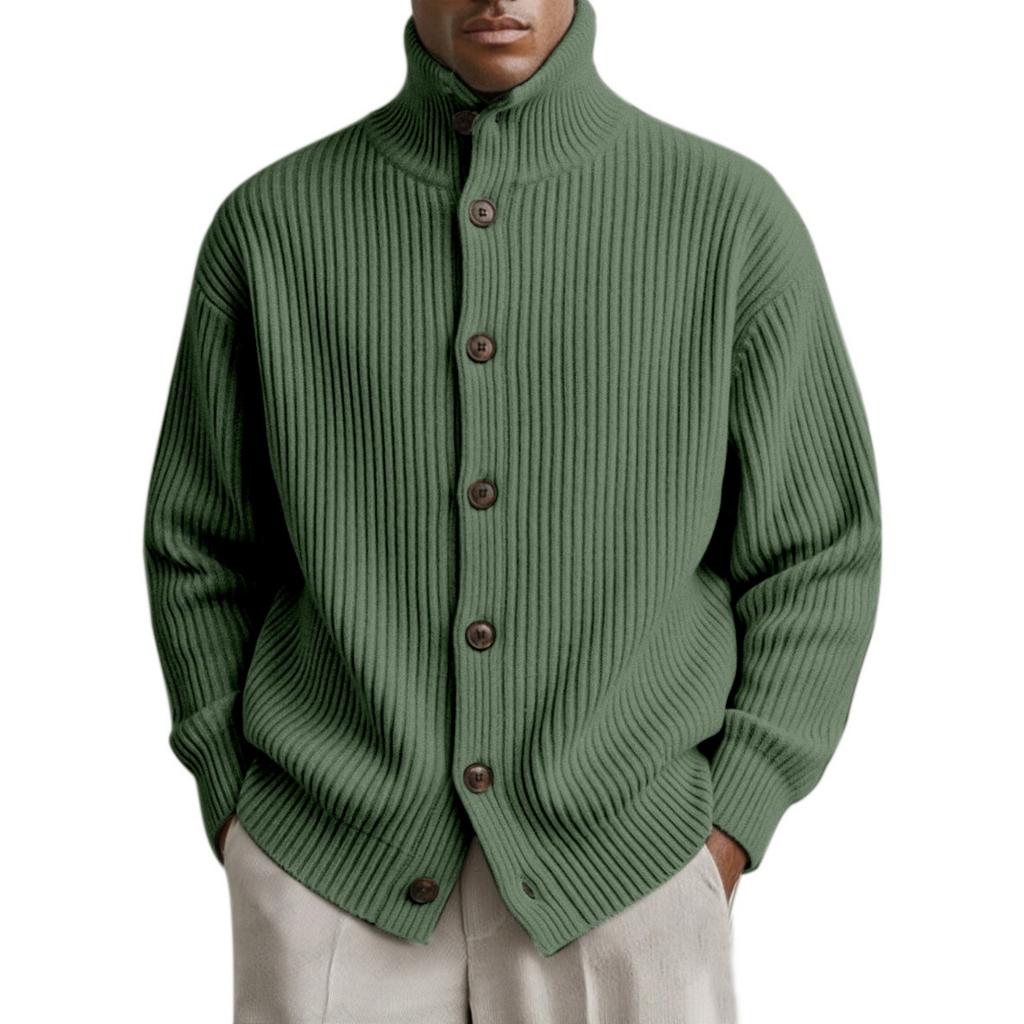 Men's casual and relaxed -color knitted cardigan, men's high-neck, thick-needle, striped long-sleeved button coat