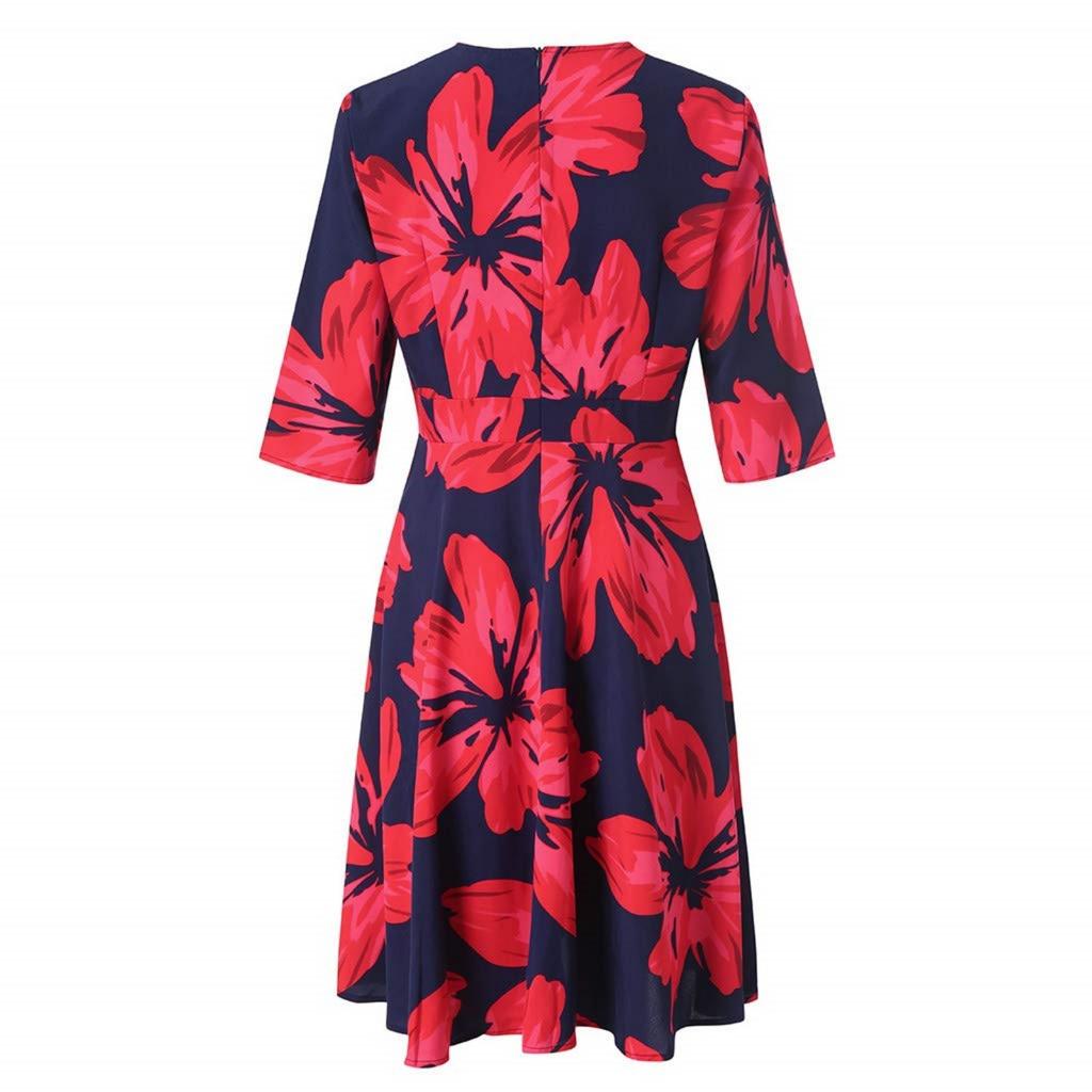 Women 3/4 Sleeve Dress Ladies Casual Party Holiday Elegant A-Line Vintage Floral Printed Dress
