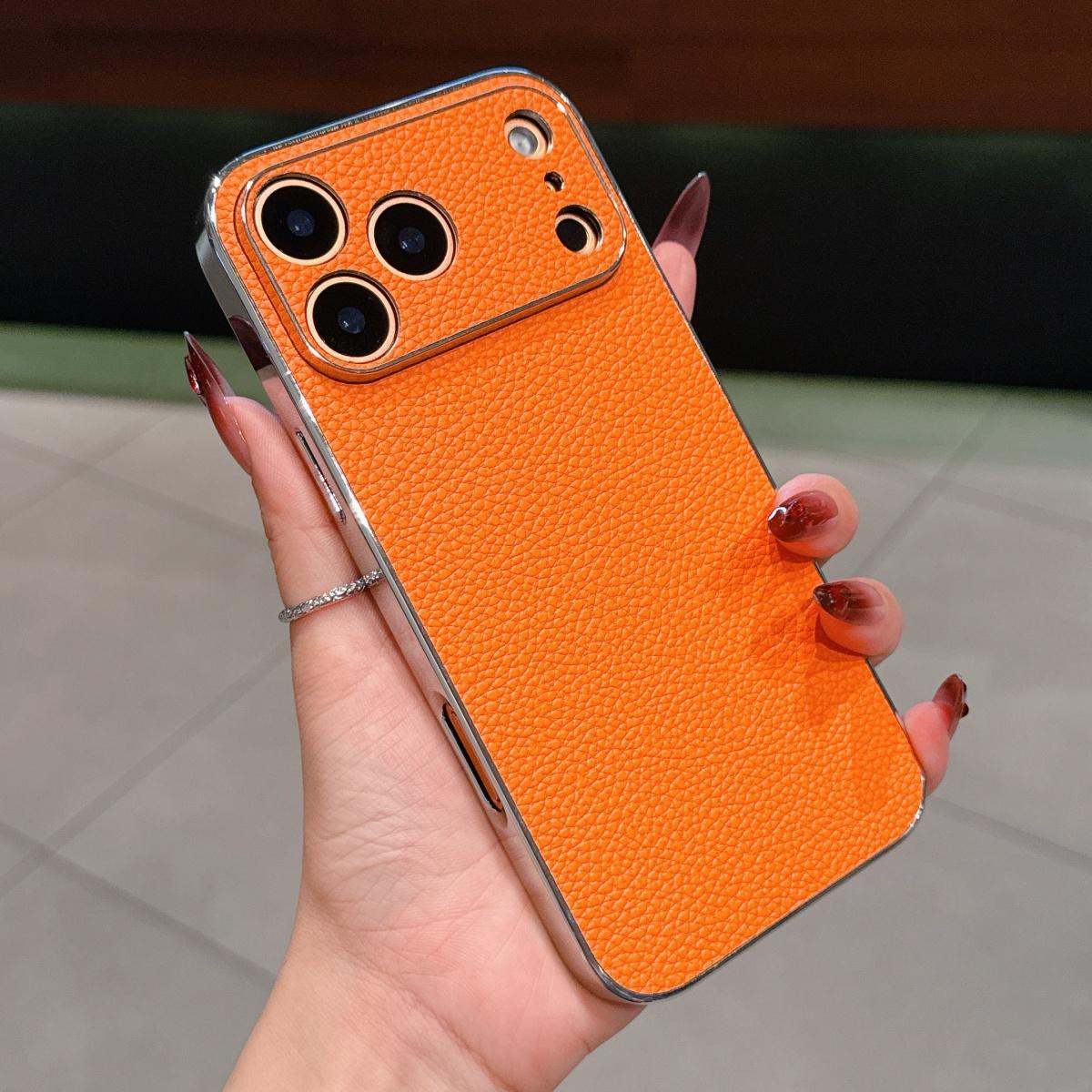

Business Orange Litchi Leather Large Window Phone Case For iPhone 17 Air 16 15 14 13 12 11 Pro Max Plus Matte Shockproof Cover iPhone 11