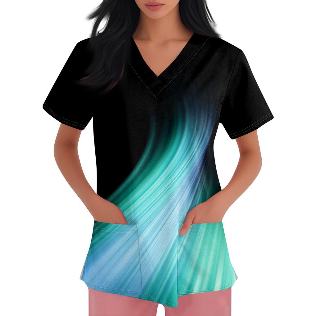 Damen V-Ausschnitt Cartoon-Print Kurzarm Tasche Seitenschlitz Schutzkleidung Oberteil