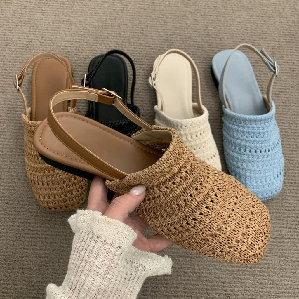 First Encounter Bohemian Style Linen Woven Breathable After Empty Bag Head Half Slippers Women'S Flat Bottom Outer Wear