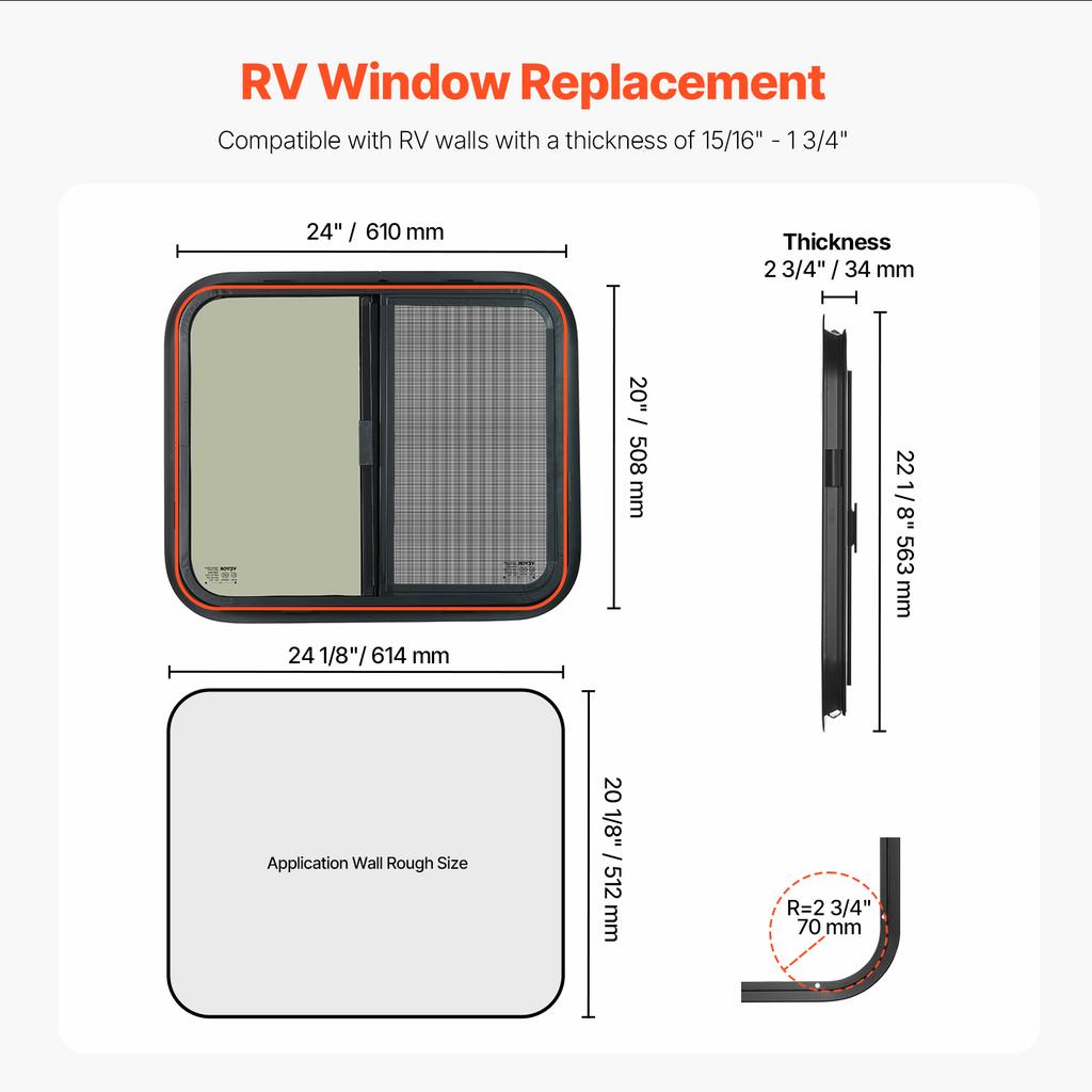 SucceBuy Vertical/Exit/Horizontal RV Window Tinted RV Window with Net Screen&Trim Ring RV Window Replacement for Trailer Camper