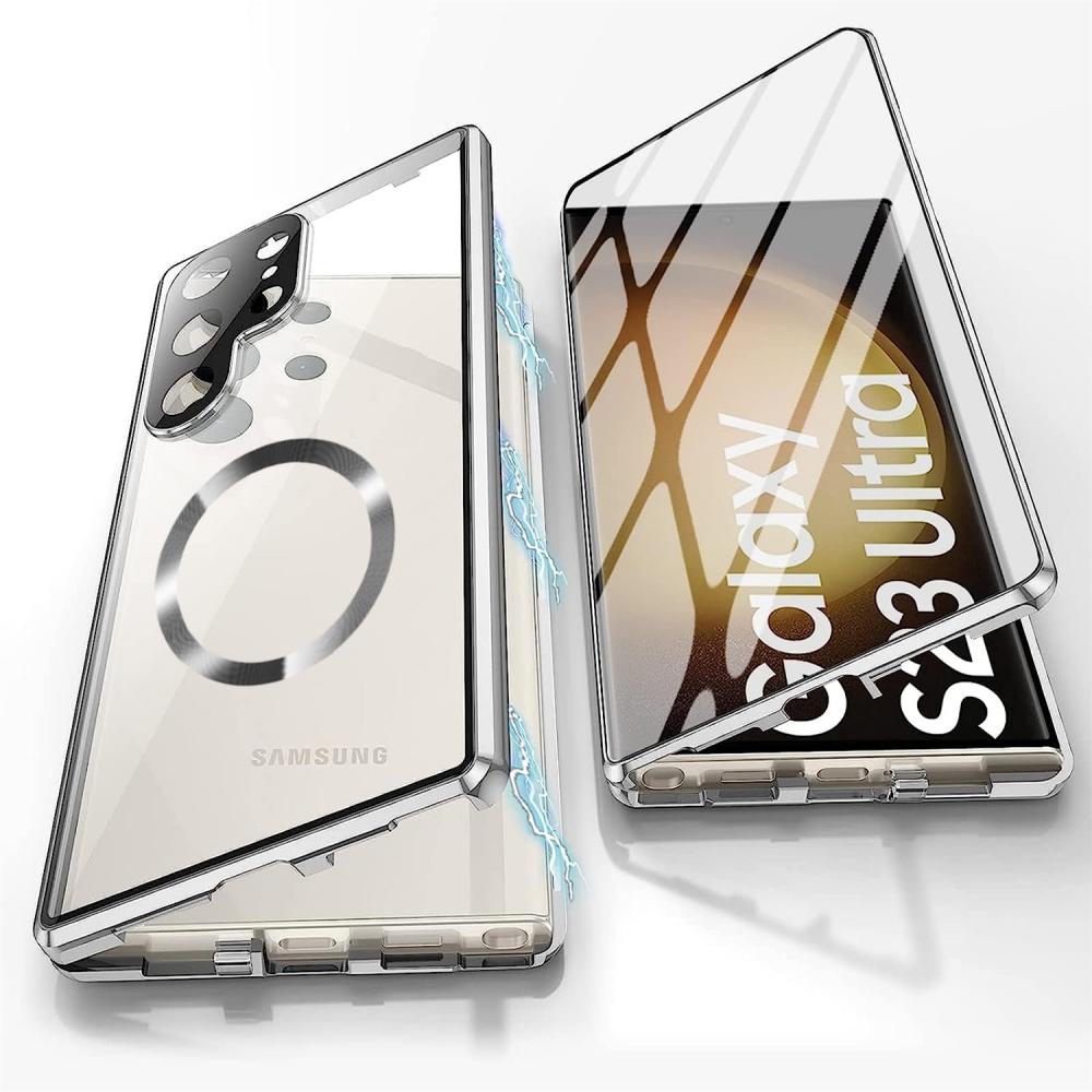 

Для Samsung Galaxy S25 S24 S23 22Ultra Чехол Магнитная беспроводная зарядка 360° Металлический сплав Полная защита экрана стеклом Чехол For Samsung S23Ultra серебряный