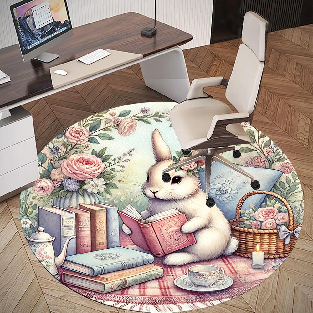 1pc Rabbit, Flowers Round Chair Mat Area Rug - Non-Slip, Floor Mat for Office, Bedroom, and Indoor Decor -1002060