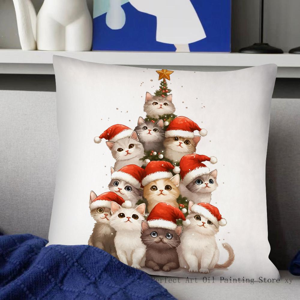 Weihnachts Katze Kissenbezug Mode Quadratischer Kissenbezug Schlafzimmer Sofa Zimmer Innendekoration Freizeit Kissenbezug 40x40