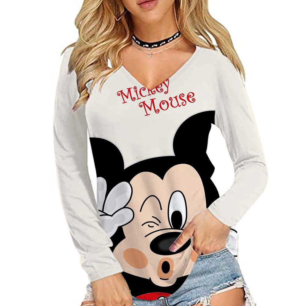 Disney Mickey Mouse Printed Women's Basic Long Sleeve Loose V-neck T-shirt Autumn/Winter 10 Color T-shirt Street Wear