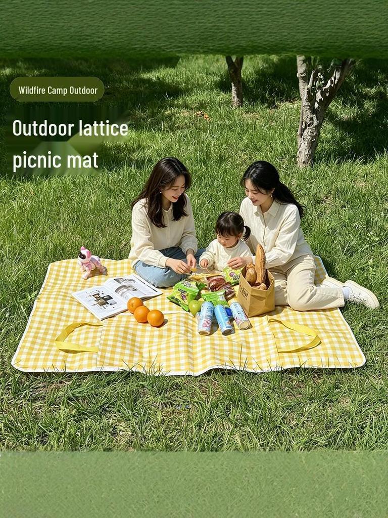 Premium Outdoor Foldable Picnic Mat with Thick Cushion for Camping & Spring Outings - Plaid Design