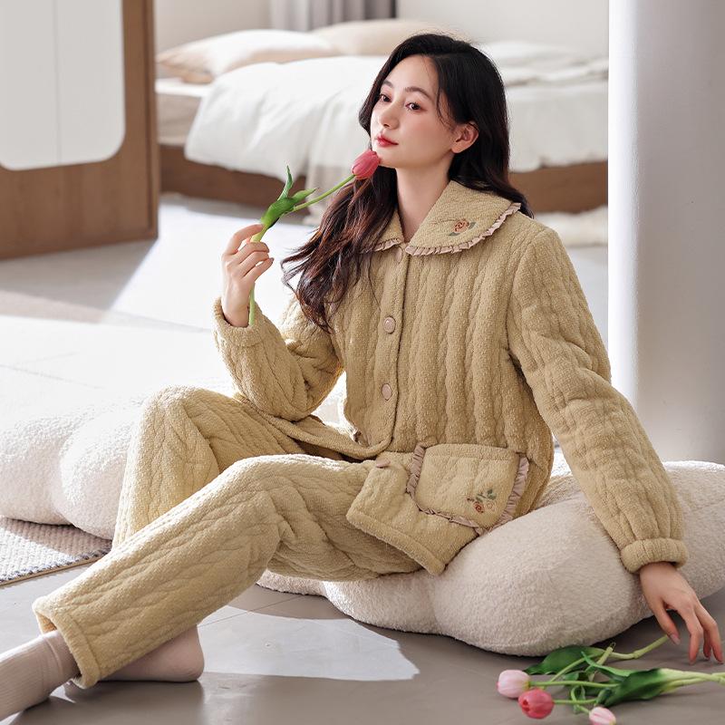 Winter Pajamas Women'S Thickened Fleece Coral Fleece Three-Layer Padded Cotton To Keep Warm, Winter Padded Jacket Set Flannel Loungewear