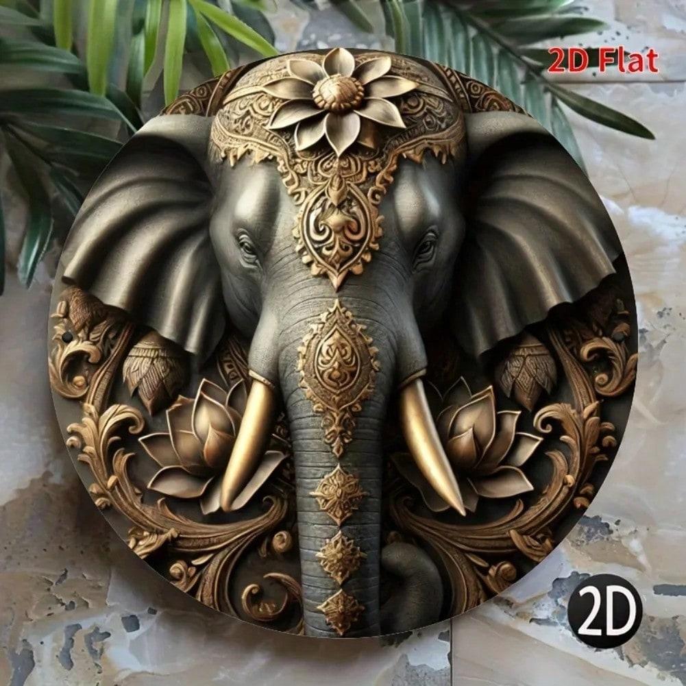 Ретро Круглая Металлическая Жестяная Вывеска 2D Плоская Печать Декор Гирлянда со Слонами Стена Кафе Бара 20x20