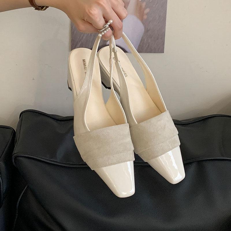 

Мода 2025 Новые Элегантные Женские Туфли-Босоножки на Каблуке Женская Обувь Слипоны Мелкая Мода Острый Носок Дамские Босоножки Туфли на Низком Каблуке 35 бежевый